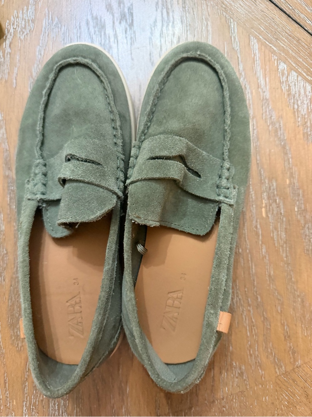 Zara Olive Suede Penny Loafers for kids